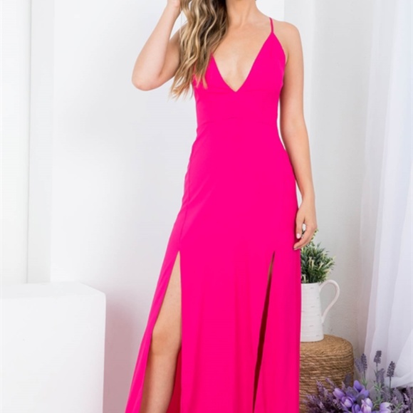 FUCHSIA SPAGHETTI STRAP WITH BACK ZIP CLOSURE DOUBLE SLIT MAXI DRESS - Picture 6 of 9